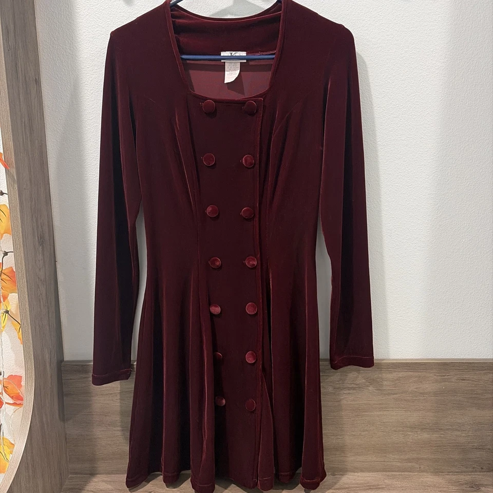 复古 Luly K 勃艮第丝绒纽扣方领 A 字连衣裙女式 M 阅读 — 第 2/4 张图片