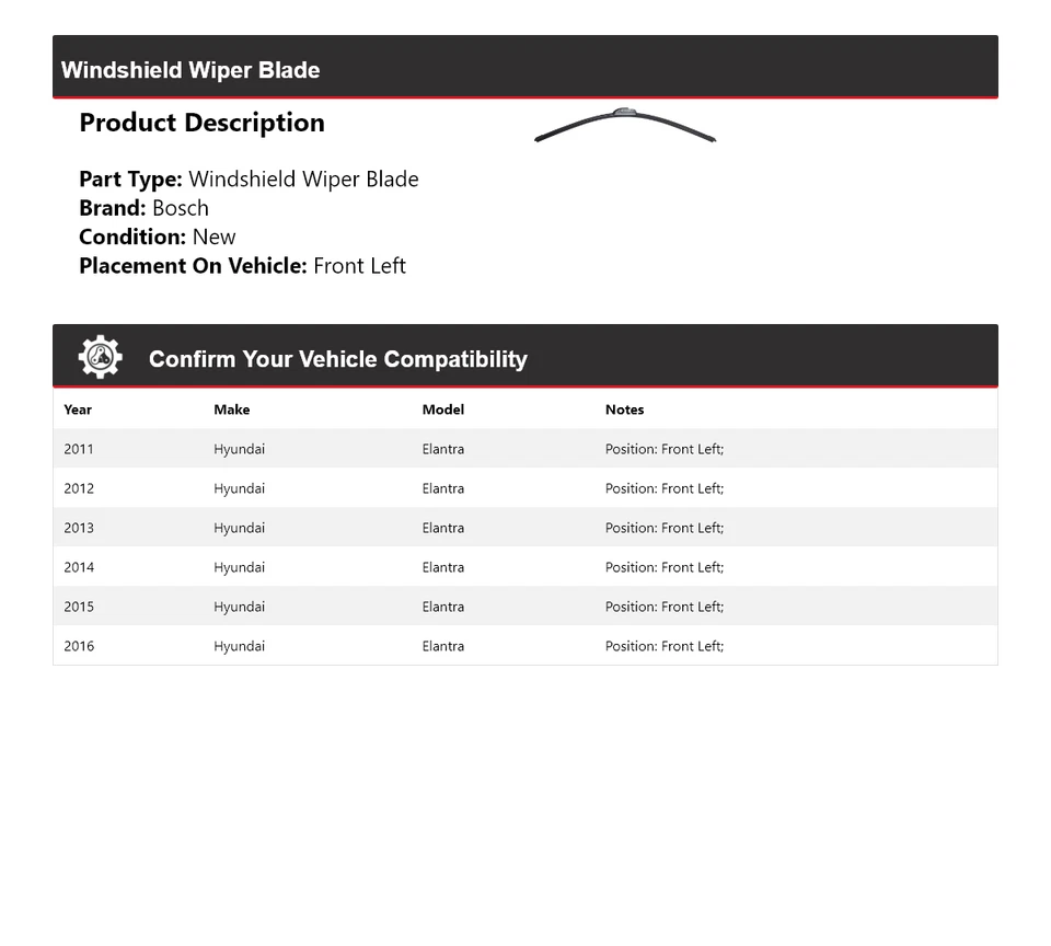 Limpiaparabrisas delantero izquierdo 2012 para Hyundai Elantra Bosch ICON 2011-2016 Foto 2 de 4