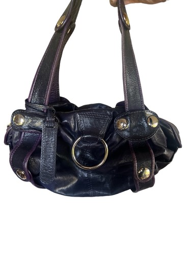 Gustto Large Baca Leather Satchel Handbag in Purple With Gold Hardware