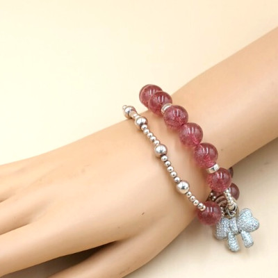 Erdbeerquarz und 925 Sterling Silber Perlen Armband mit Band/Schleife Charm