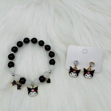 Kuromi Teen Size black Beaded Bracelet and Earring Bundle