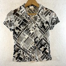 Top donna maglia trasparente Y2K No Boundaries taglia XS nero bianco stampa giornale grunge