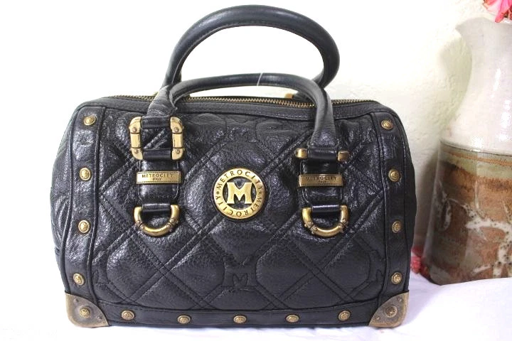 METRO CITY Black Studded Leather Speedy Doctor Dr. Bag Italy