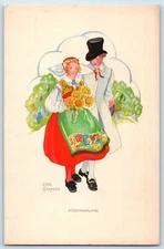 c1910's Couple With Flowers Sodermanland Aina Stenberg Signed Artist Postcard