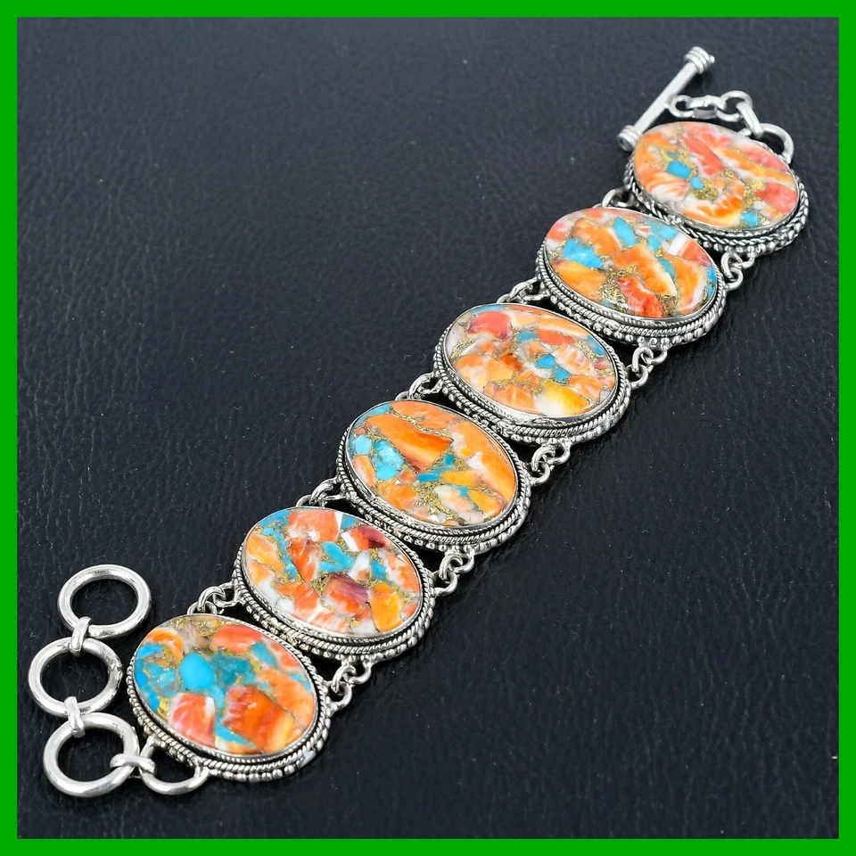 Pulsera con bisel de cadena vintage de plata 925 con piedras preciosas turquesa cobre ostra espinosa Foto 3 de 4