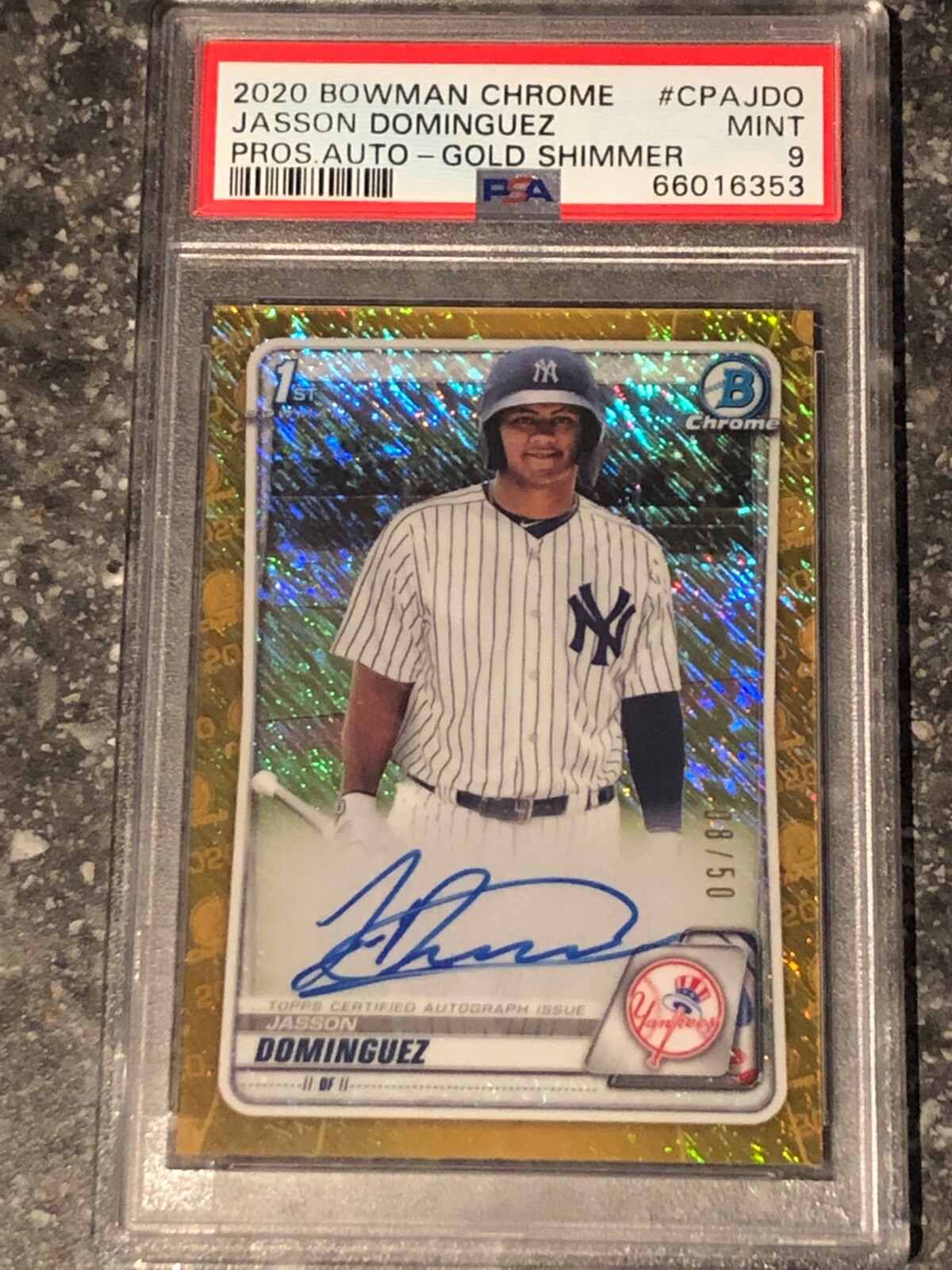 JASSON DOMINGUEZ AUTO 2020 Bowman Chrome Prospect-Gold Shimmer /50 PSA 9 CPAJDO