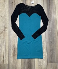 FOREVER 21 Black Teal Blue Bodycon Dress Size Small Long Sleeve Mesh Upper NWT