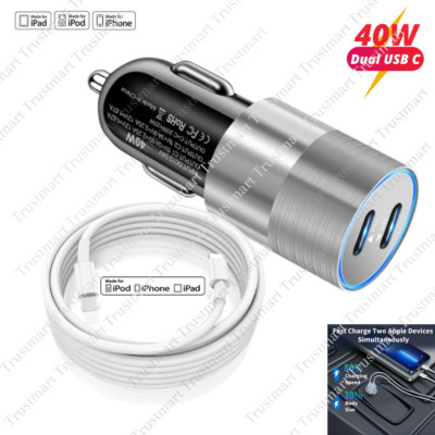 Dual USB C Car Charger 40W Power Adapter PD Type C Cable For iPhone 14/13/12/11