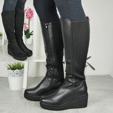 Wedge Boots Shoes Womens Sock Platform Zip Comfy Biker Rider Lined Sizes