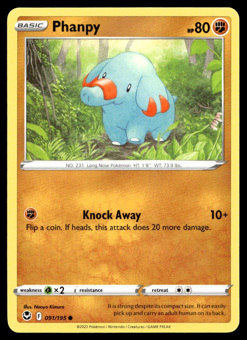 Phanpy 91/195 Pokemon Card Silver Tempest Common 80 HP Near Mint T27