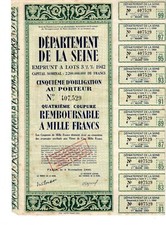 FRANKREICH LEIHE D&Eacute;PARTEMENT LA SEINE 1942 1000 FRANCS AKTION OBLIGATION