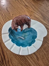 Vtg. Grizzly Kodiah Bear Fish Salmon Ceramic Ashtray