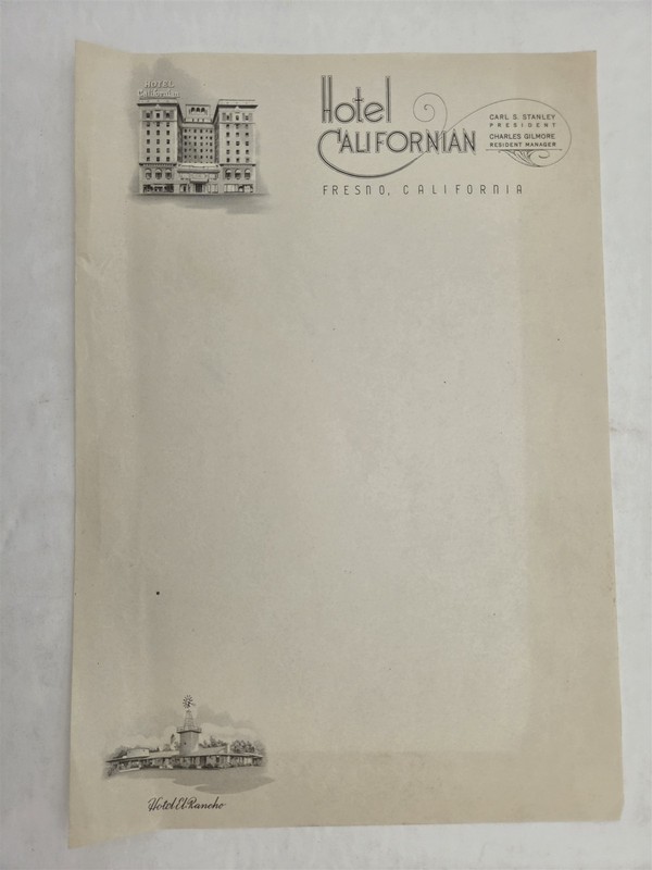 1930s antique HOTEL CALIFORNIAN fresno LETTERHEAD Hotel El Rancho CHAS STANLEY