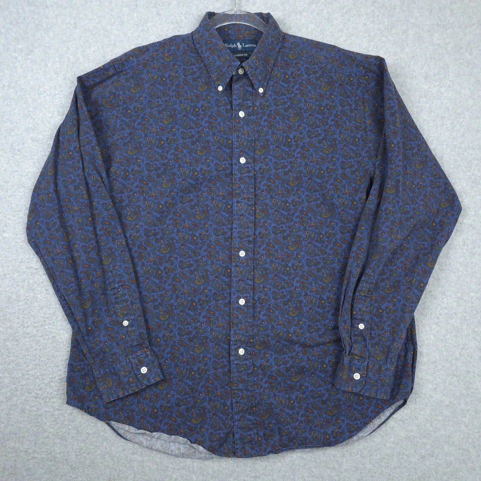 复古 Ralph Lauren 衬衫男式大号蓝色佩斯利长袖纽扣斜纹布 — 第 2/4 张图片