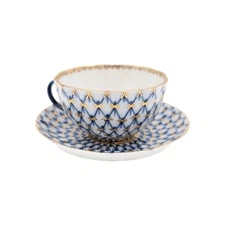 USSR Imperial Porcelain Cobalt Net Teacup/Saucer Set LFZ Lomonosov  Tea Cup 8 oz