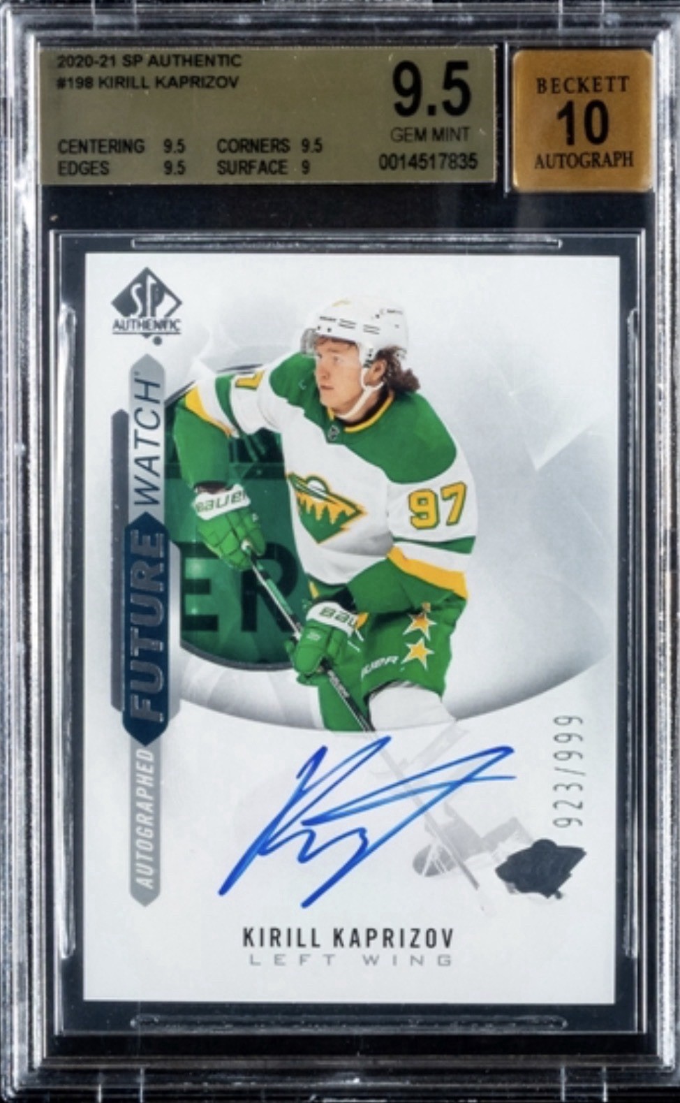 2020 SP Authentic Kirill Kaprizov Future Watch Rookie Auto /999 BGS 9.5 Auto 10