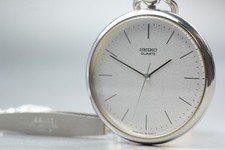 Vin.1985 N MINT SEIKO 7431-0020 Open Face 37mm Silver Quartz Pocket watch JAPAN
