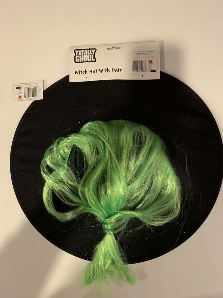 Vintage Totally Ghoul Witch Hat With Hair Green and Black 18” - Image 2 of 3