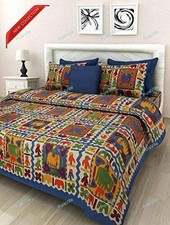 Rajasthani Multi Printed Cotton Double Bed Sheet With 2 Pillow Cover 90x100