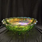 Vintage Green Carnival Glass Fruit Bowl 12"x7" Iridescent Footed Centerpiece