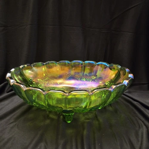 Vintage Green Carnival Glass Fruit Bowl 12"x7" Iridescent Footed Centerpiece