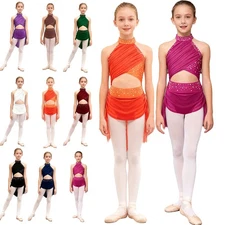 Kids Girls  Figure Ice Skating Leotard Shiny Rhinestones Ballet Jazz Dance Dress