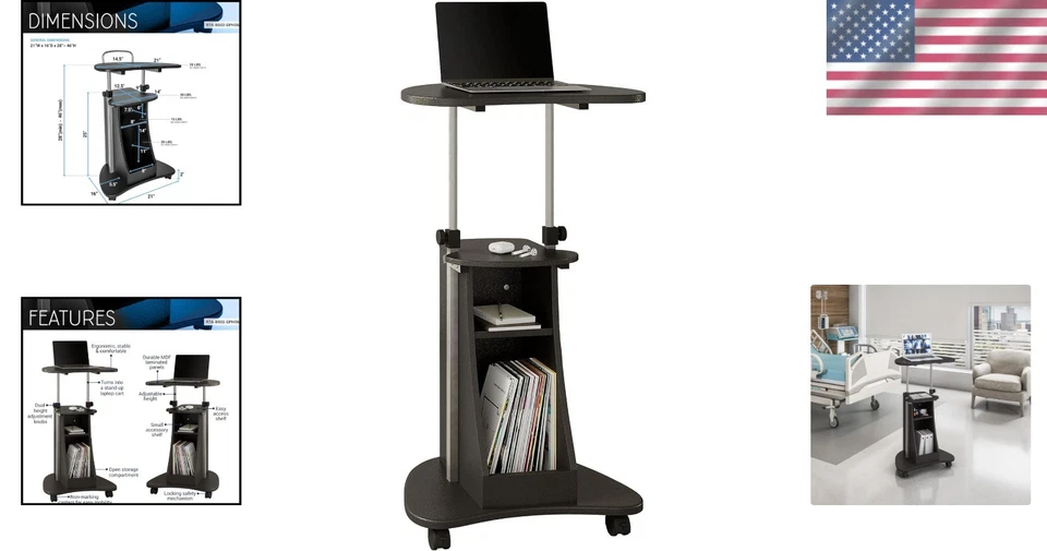 Versátil carro rodante para computadora portátil sentado a pie - grafito con amplias opciones de almacenamiento Foto 2 de 4