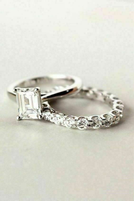 Engagement Ring Set 2.67Ct Emerald Cut Diamond Simulated 14K White Gold Size 7.5-image