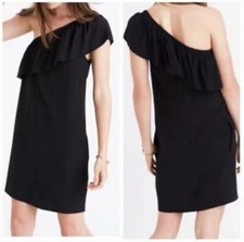 Madewell One Shoulder Ruffled 100% Silk Black Mini Dress Lined Pockets Size 4
