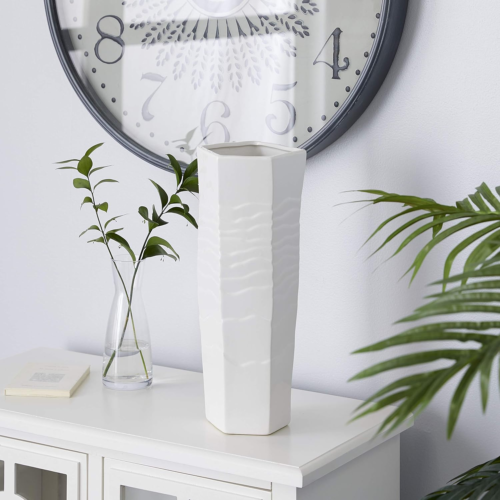 Weiße Keramik Vase dekorativ strukturiertes Steinzeug für Wohnzimmer Esstisch - Bild 1 von 7