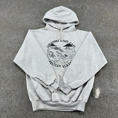 VINTAGE Lisianski Inlet Cafe Hoodie Mens M Grey Pullover Pelikan Alaska Fishing