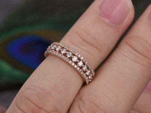 Bague de fiançailles 2 ct coupe ronde Moissanite pleine éternité plaqué or rose 14 carats - Photo 3/9