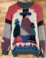 Vintage 80s Folk Mohair Wool Peruvian Handmade Sweater Cottage Core Color Block