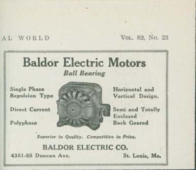 1923 Baldor Electric Motors Ball Bearing Repulsion Type DC St Louis MO Ad EW1