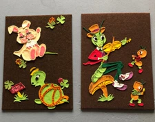 Set Of 2 Vtg Felt Wall Hangings Children’s Art Aesop’s Fables 1960s 60s Pictures