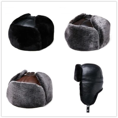 Hommes Cuir Casquette Chapeau Ski Trappeur Russe Ushanka Cosaque Hiver Warm Noir - Photo 1/4