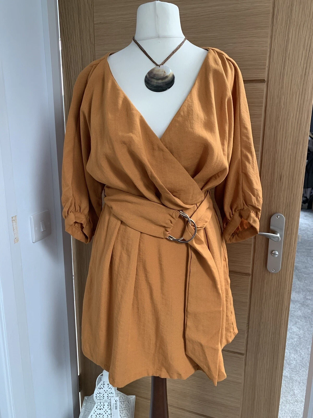 Oh Polly mini abito avvolgente con cintura taglia 10 oro moka estate festival vacanze