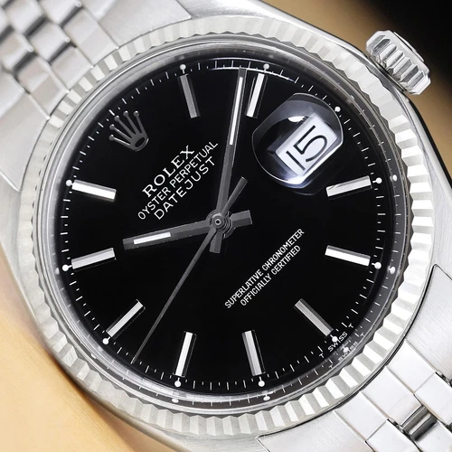 ROLEX MENS DATEJUST 18K WHITE GOLD BEZEL STAINLESS STEEL BLACK DIAL 36MM WATCH