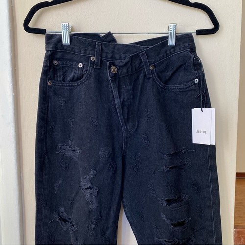 NWT AGOLDE Criss Cross Straight Jeans High Rise Distressed Black Feverish Sz 26 - Picture 7 of 16