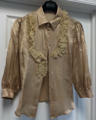 Prada Women s Gold Beige Blouse 100% Silk 3/4 Sleeves Ruffles Size 40 $1.5k