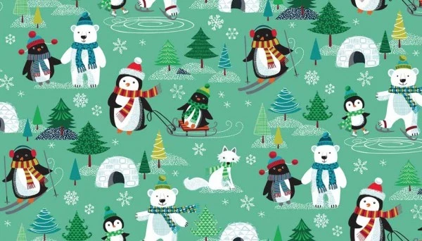Fat Quarter Frosty Penguins Bears 100% Cotton Quilting Fabric Makower 15811
