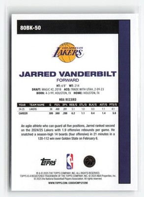 JARRED VANDERBILT #80BK-50 2025-26 TOPPS LAKERS 45TH ANNIVERSARY