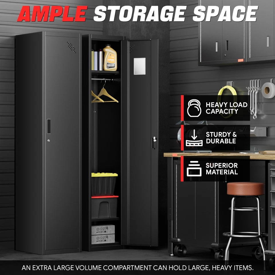 Armario de almacenamiento de metal resistente con cerradura 71" 1 puerta y armario de almacenamiento alto negro Foto 3 de 4