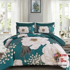 Floral Comforter Set 7 Pieces Bed in a Bag, Beige Flower Print on King Teal