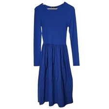 Zara Ribbed Mixed Media Fit & Flare Midi Dress Size S Blue Long Sleeve Stretch
