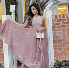 Dusky lavender embroidered chiffon anarkali set by KAIA for Women Size M
