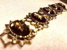 Emmons Her Majesty Bracelet Molded Glass Brown Topaz & Green Rhinestone 7.5”