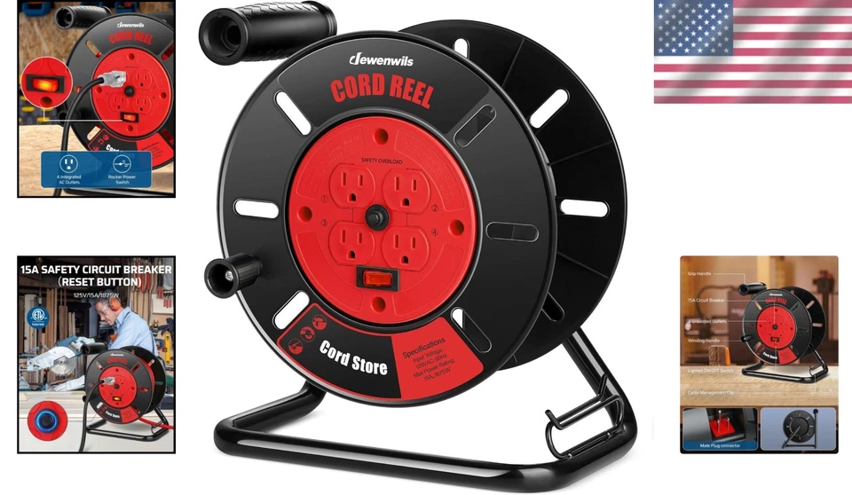 Compact 4-Outlet Cord Reel with 15A Circuit Breaker for Safety and Performance - Image 2 of 4