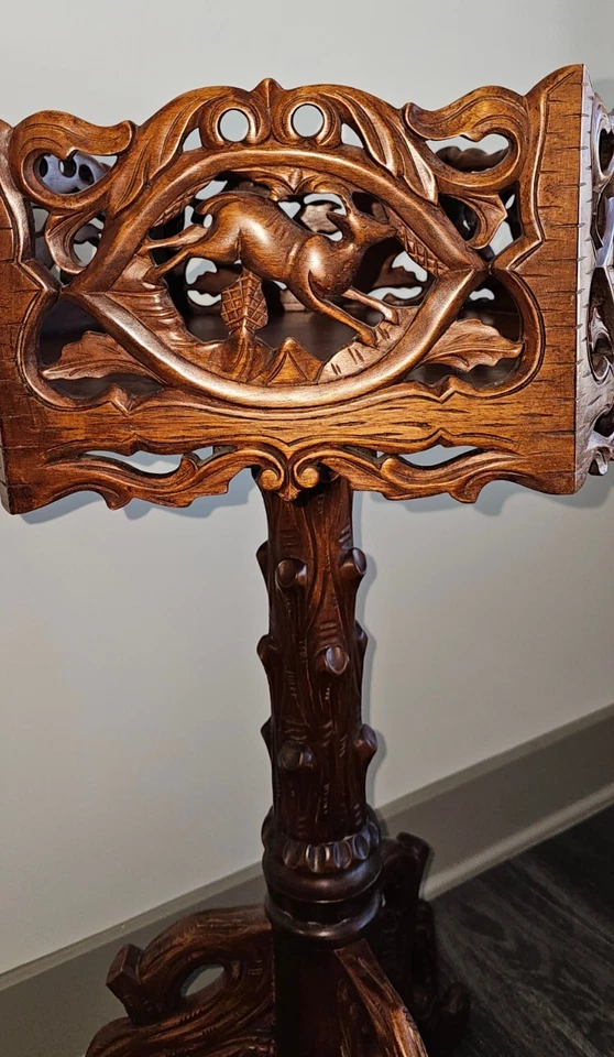 Ornate Black Forest Style Carved 37" Tall Pedestal Table w/ Deer Carvings - Image 3 of 4