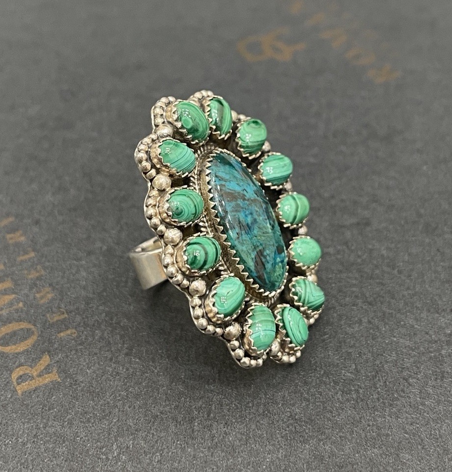Malachite Cluster Ring Sterling Silver Center Sto… - image 7